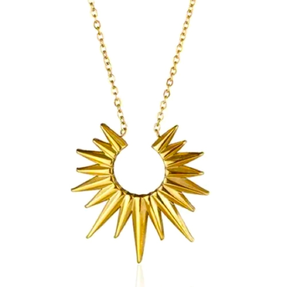 Gold Celestial Sunburst Crescent Pendant Necklace - Stainless Steel
